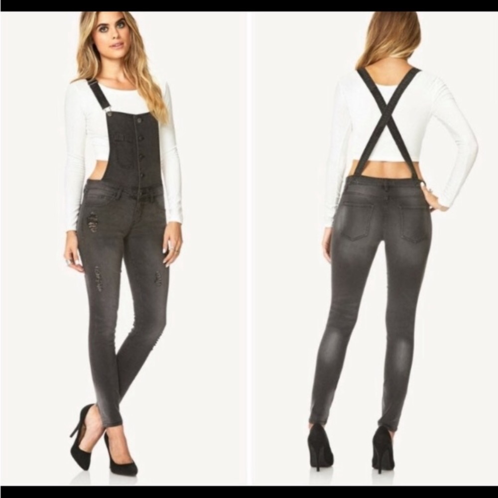 Women’s Charcoal Gray Distressed Denim Overalls Jumpsuit